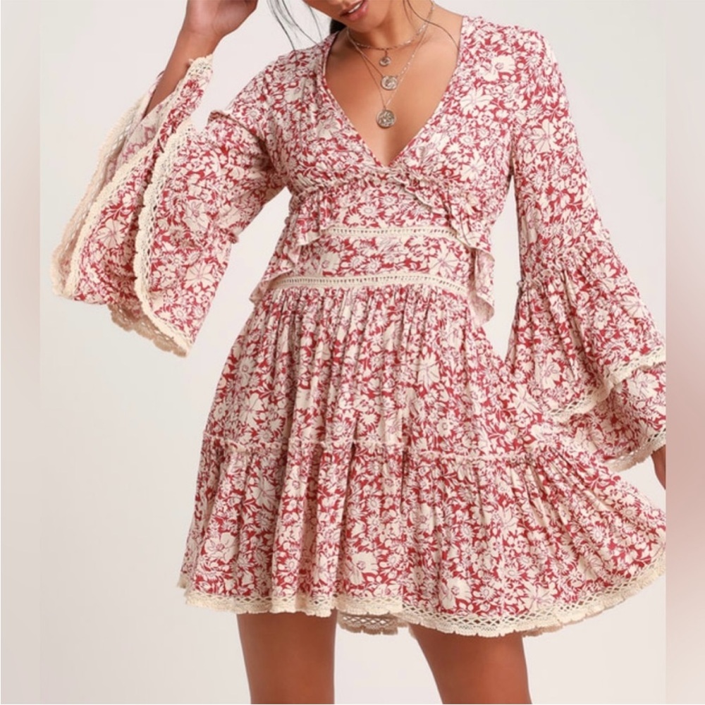 Free People Red and Cream Floral Mini Dress